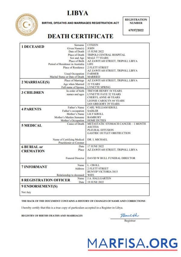 Downloadable Libya death certificate Word and PDF template